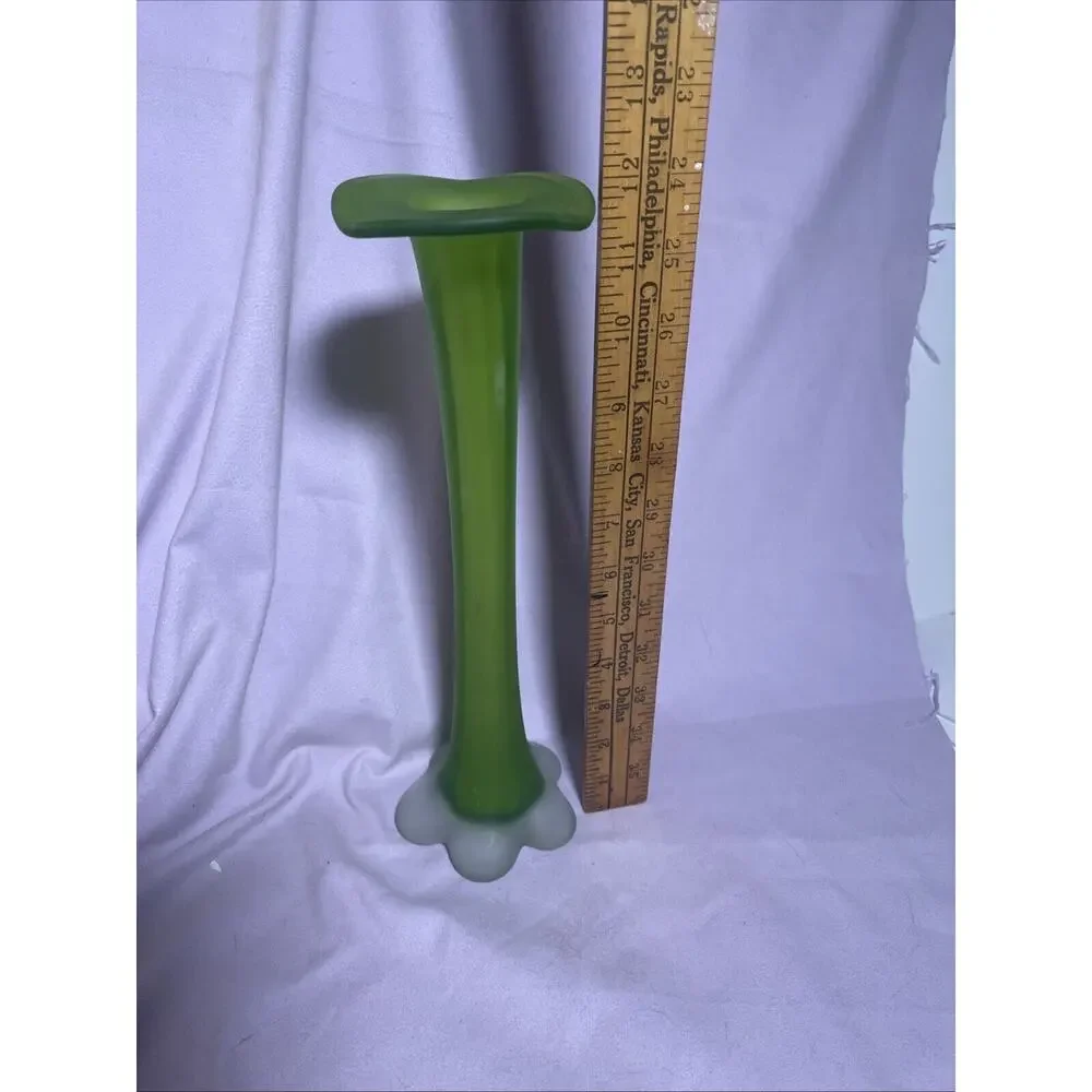 Vintage Frosted Lime Green Tall Art Glass Vase Tulip Shape Floral Clear Base